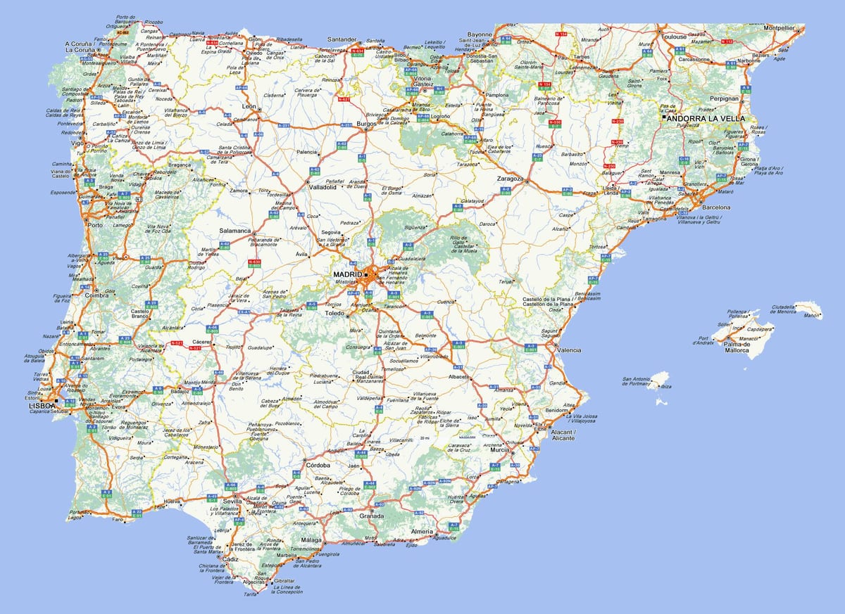 Drogowa mapa Hiszpanii z miastami