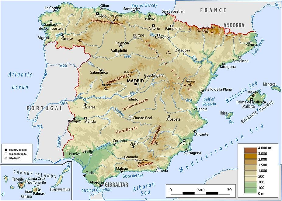 fizyczna mapa Hiszpanii