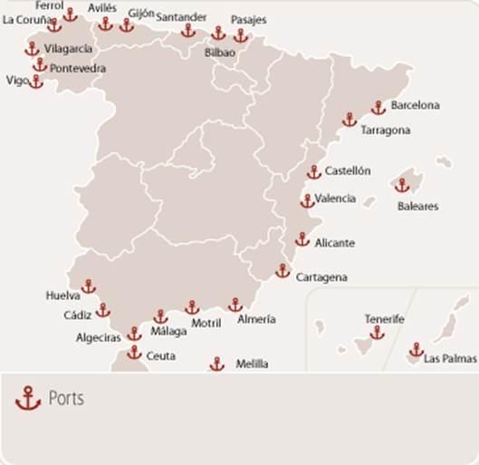 porty promowe w Hiszpanii mapa