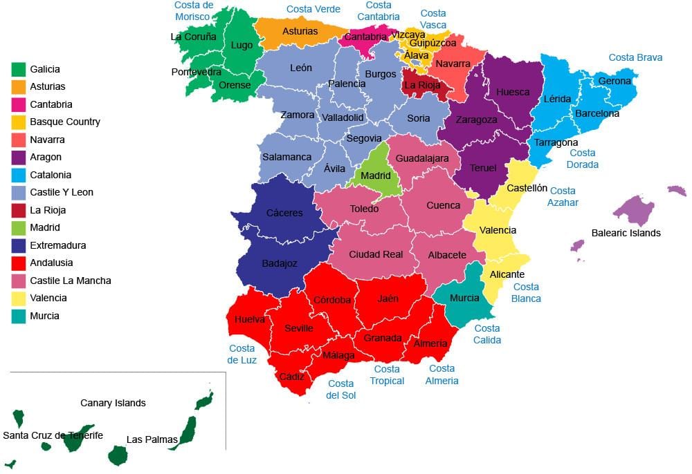 Hiszpania mapa, województw, regionów