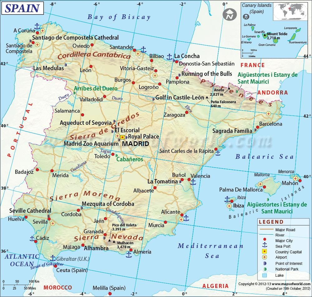 mapa Hiszpanii z podaniem głównych miast