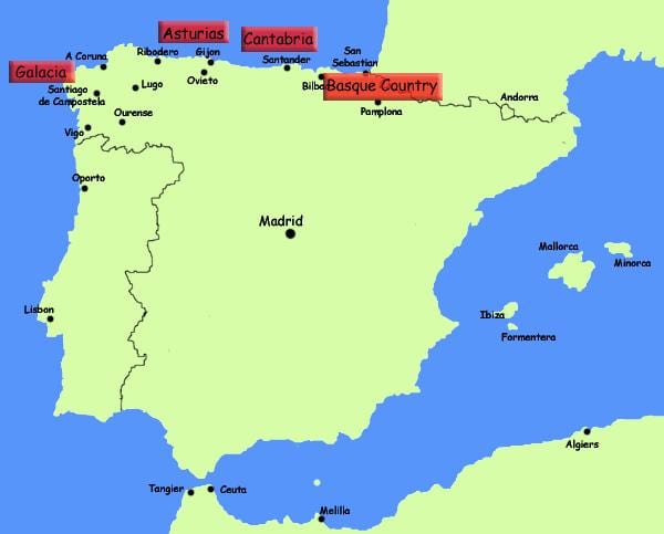 Północna Hiszpania ośrodki mapa