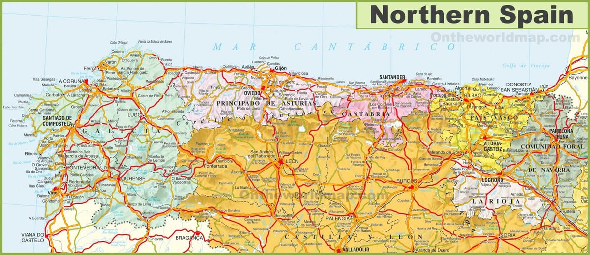 mapa Północnej Hiszpanii z miastami