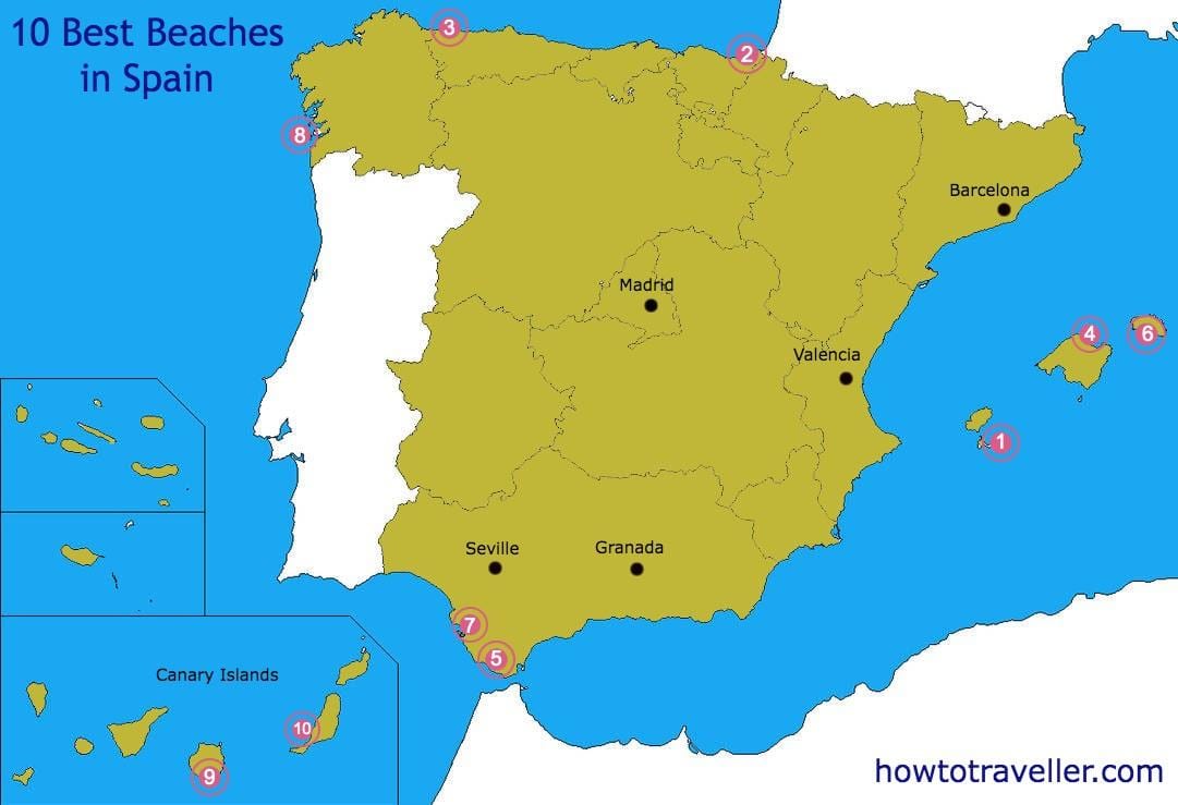 mapa najlepszych plaż w Hiszpanii