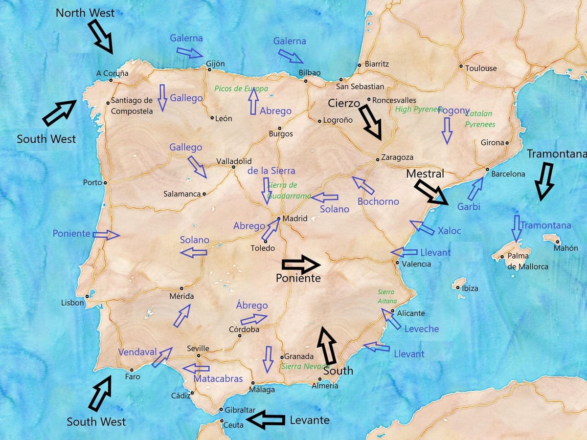 mapa Hiszpanii wiatr