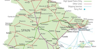 Mapa tras pociągów w Hiszpanii