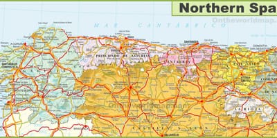 Mapa Północnej Hiszpanii z miastami